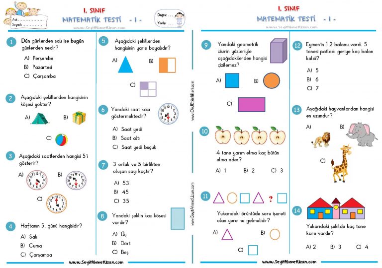 1. SINIF MATEMATİK TESTİ 1 - Seyit Ahmet Uzun – Eğitime Yeni Bir Bakış