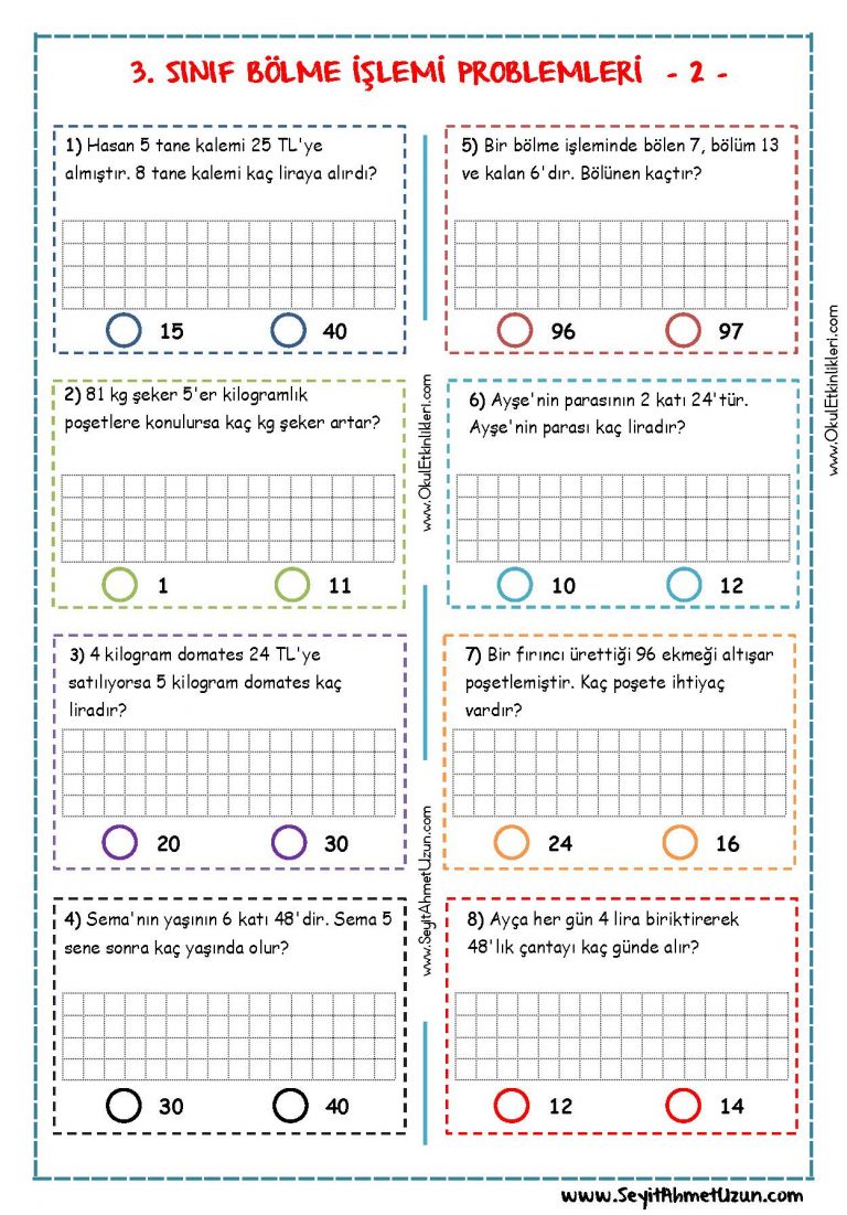 3 Sınıf Bölme İşlemi Problemleri 2 Seyit Ahmet Uzun Eğitime Yeni
