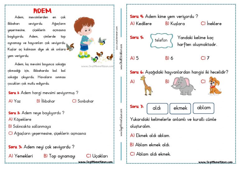 OKUMA ANLAMA METNİ – ADEM - Seyit Ahmet Uzun – Eğitime Yeni Bir Bakış