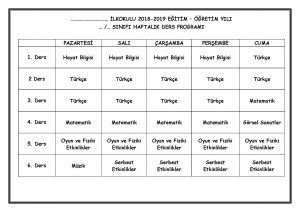 1. Sınıf Haftalık Ders Programı 2018-2019 - Seyit Ahmet Uzun – Eğitime ...